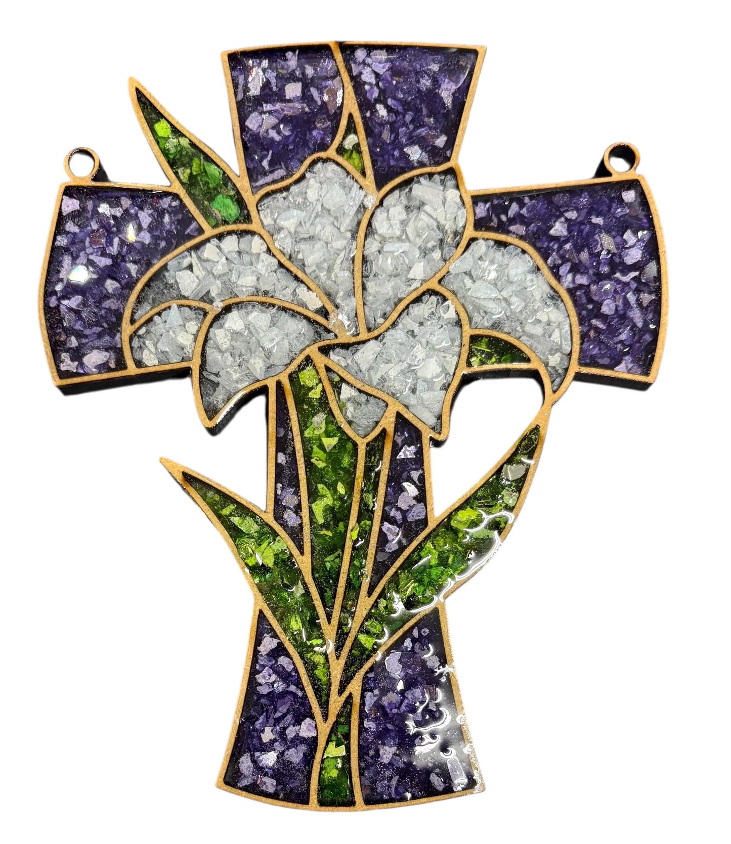 Easter Lily & Cross Crushed Glass Sun Catcher