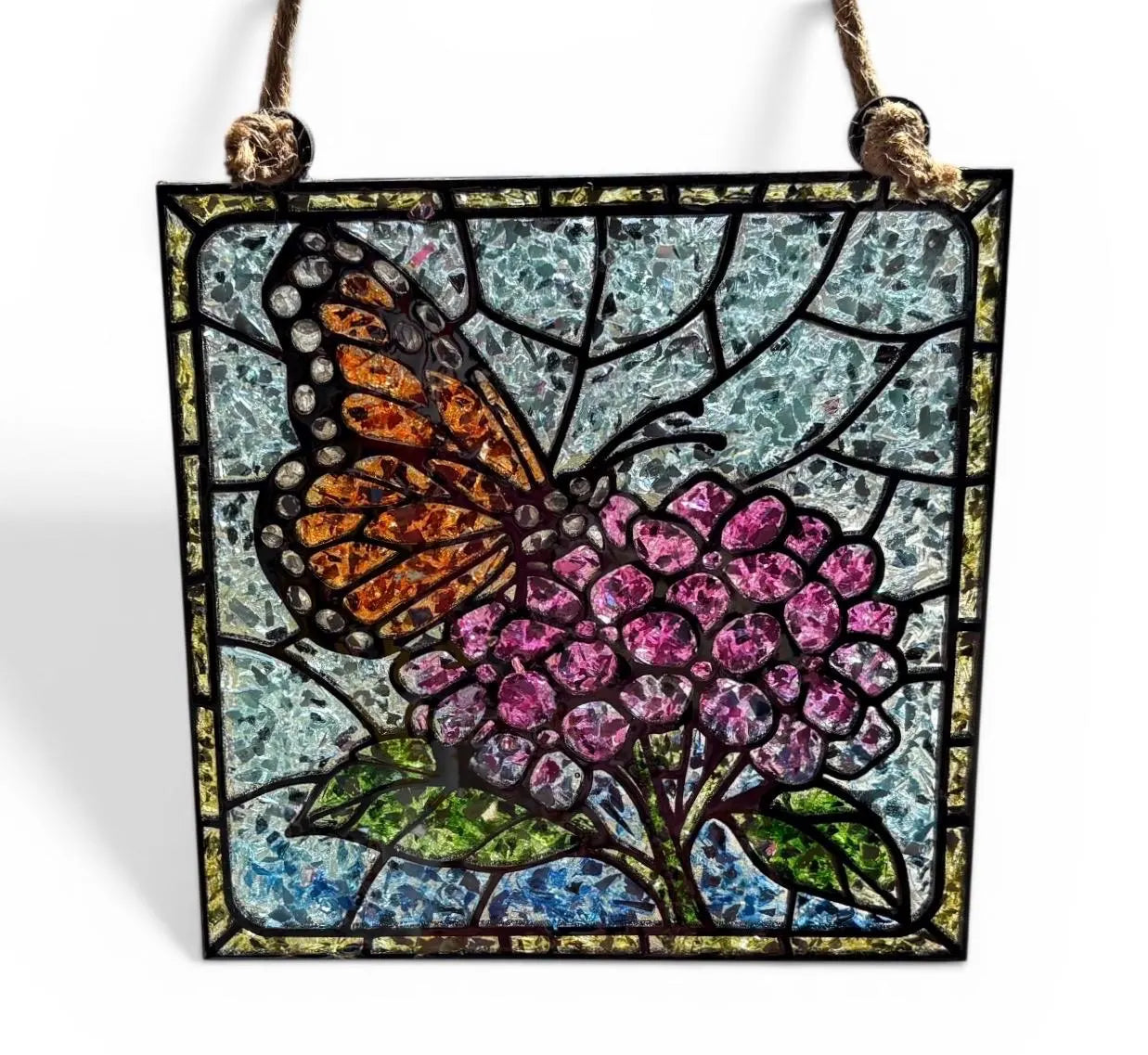 Monarch & Hydrangea Crushed Glass Sun Catcher