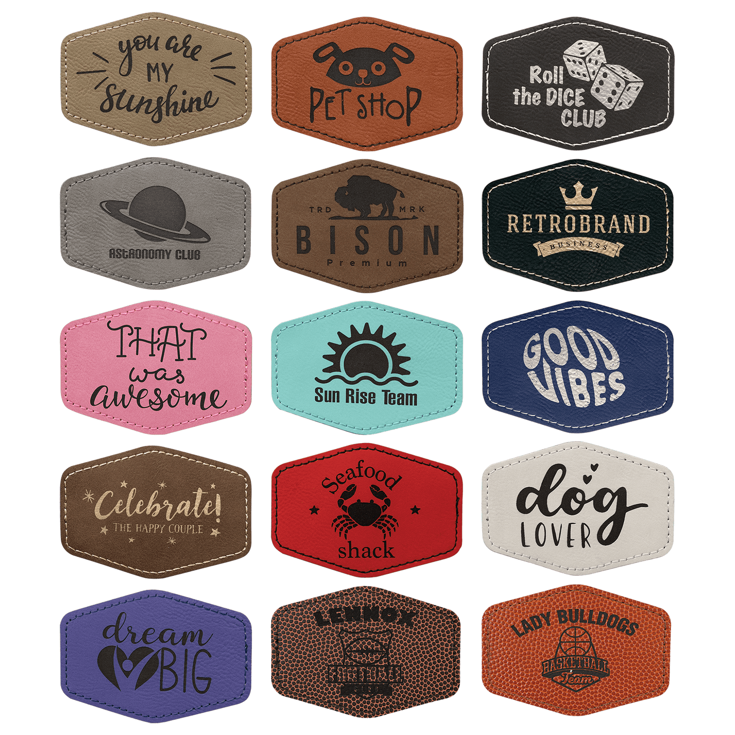 Leatherette Patches 3 1/2 x 2 1/2 standard size for hats, clothing, and more! Hex, rectangle, square, circle, and oval design.