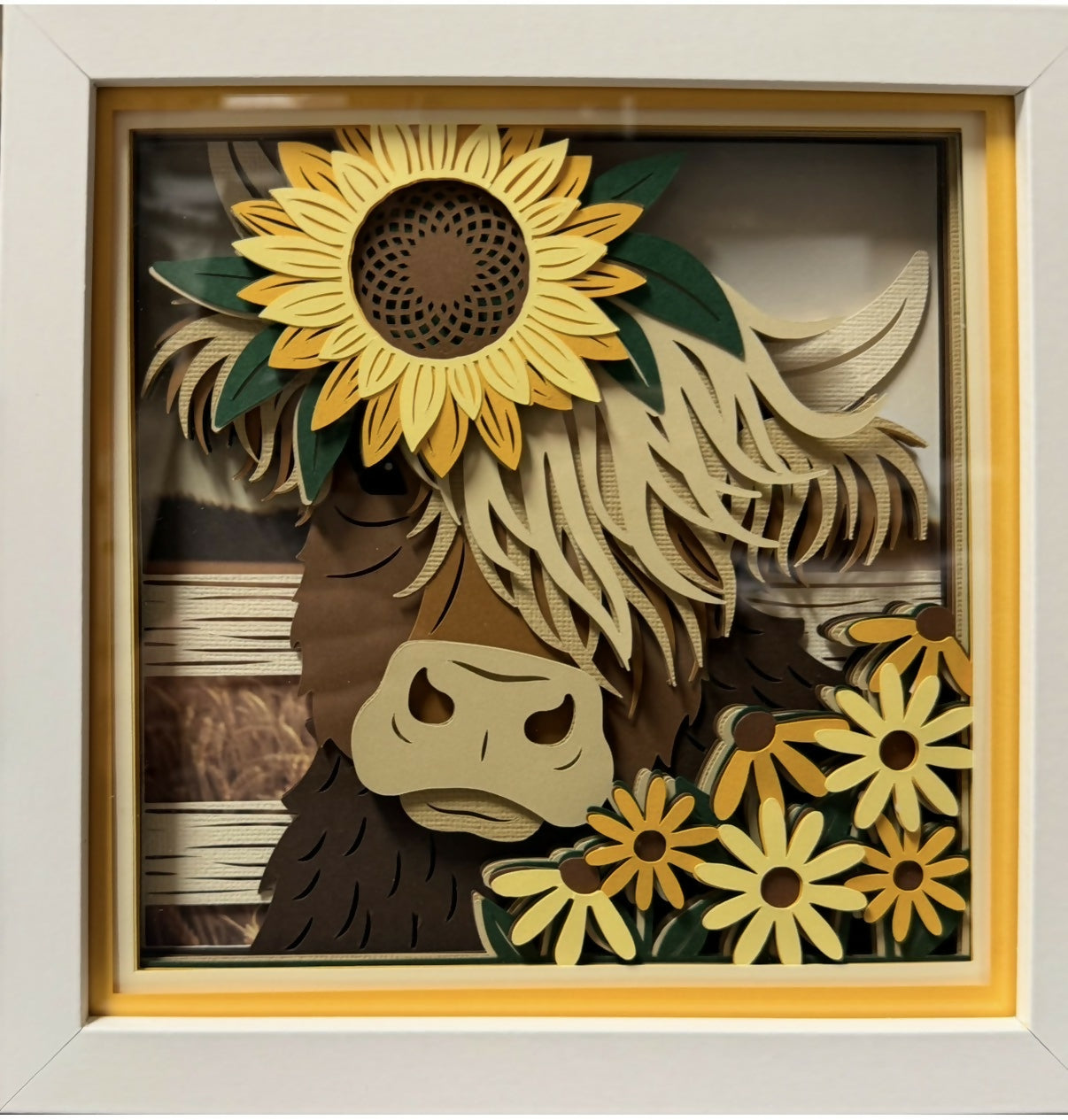 3D Layered Highland Cow Shadowbox -yellow daisy