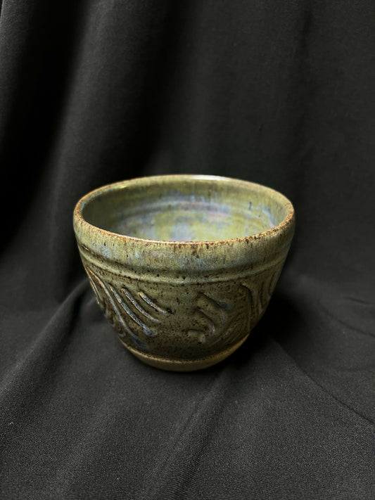 Pottery hand warm mug with blue green tones