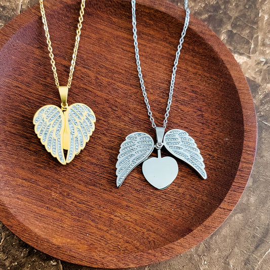 Sparkling Wings Hidden Heart Necklace with Pave Cubic Zirconia CZ