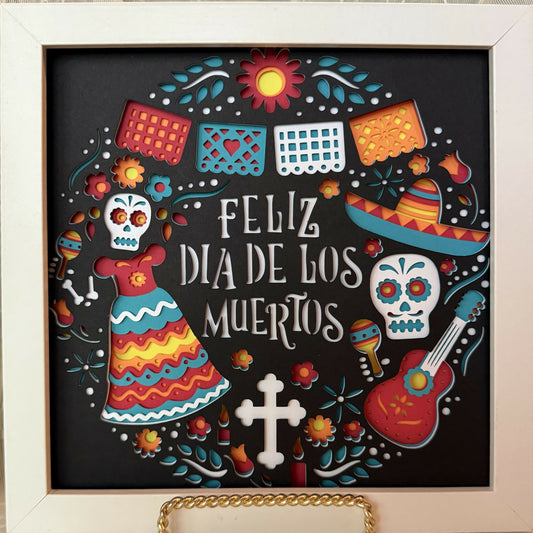 3D Feliz Dia de los Muertos Shadowbox Blue/red
