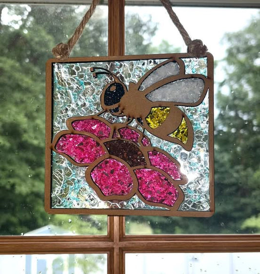 Bee on Flower Crushed Glass Resin Sun Catcher