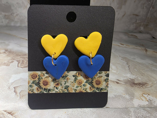 Gold and Blue Heart Dangle Studs