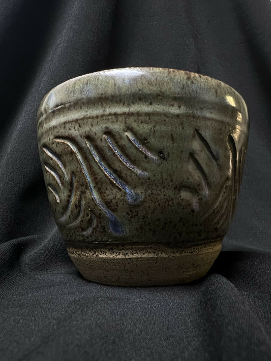Pottery hand warm mug with blue green tones