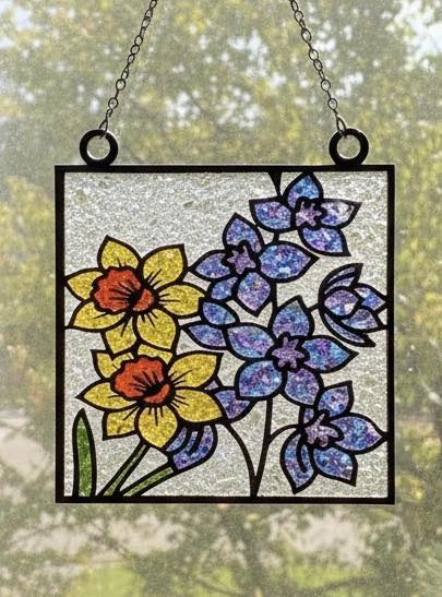 Daffodils and Larkspur Crushed Glass Sun Catcher