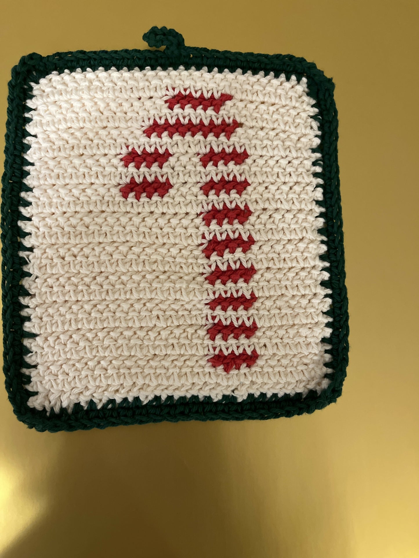Crocheted Candy Cane Pot Holder Green Border
