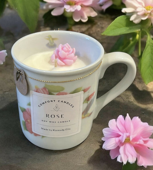 Rose scented hummingbird floral cup candle