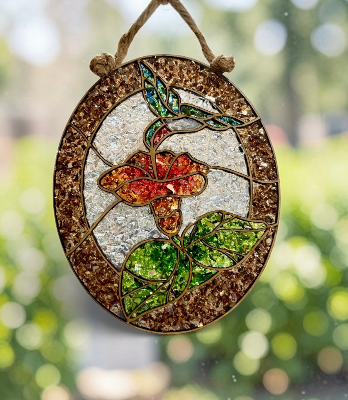 Hummingbird with Trumpet Flower Glass Sun Catcher