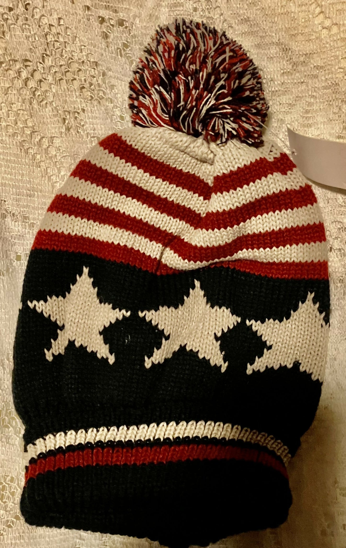 Red, beige& blue hat with pom pom #590