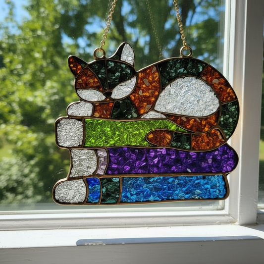 Cat on Books Crushed Glass Sun Catcher