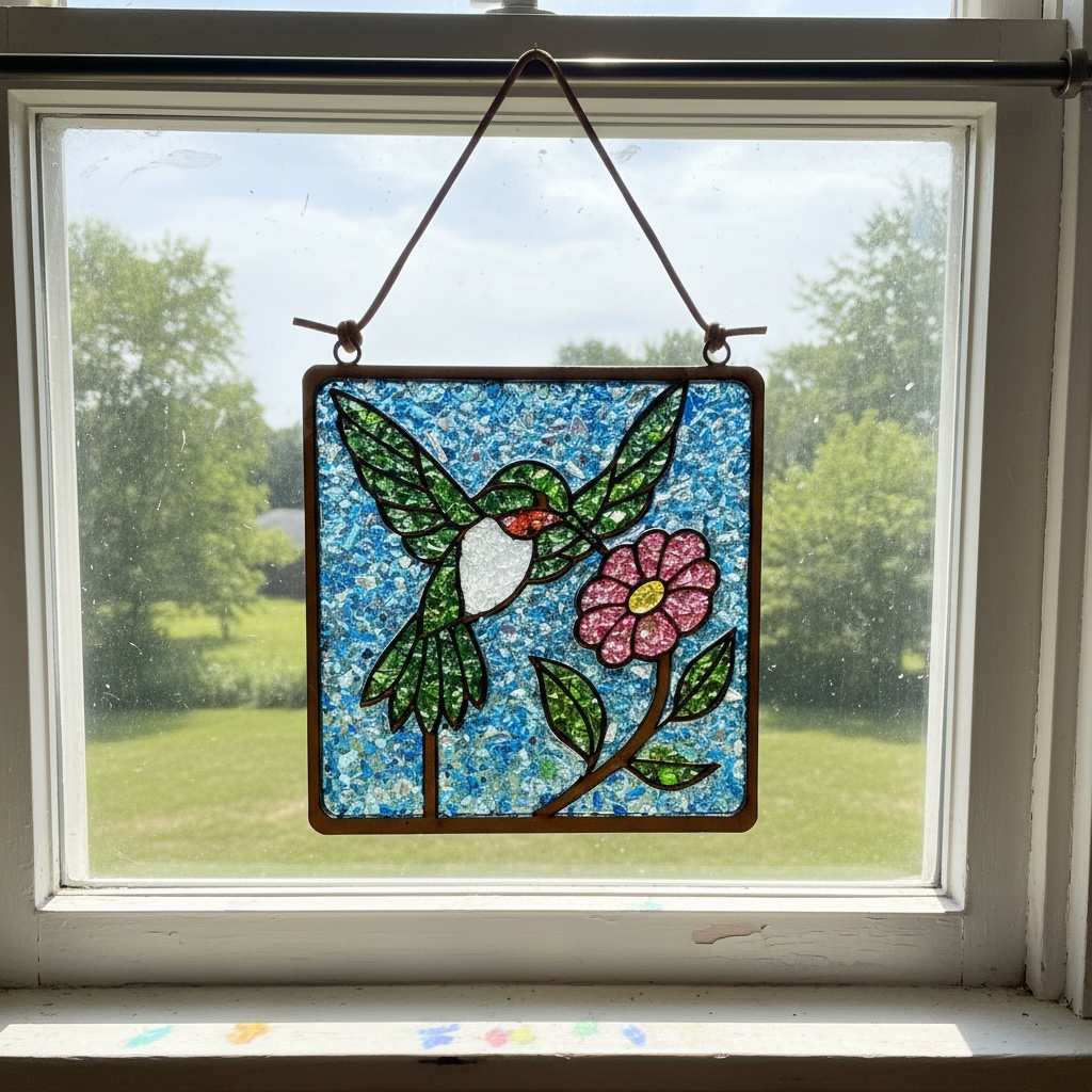 Hummingbird with Flower Crushed Glass Sun Catcher
