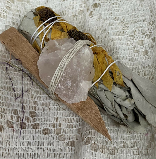 Sunflower, sage, palo stick and rose quartz smudge set #1766