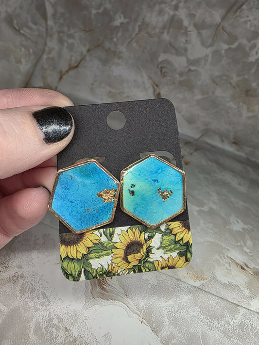 Ocean and Gold Hexagon Stud Earrings