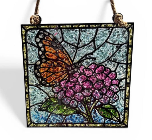 Monarch & Hydrangea Crushed Glass Sun Catcher