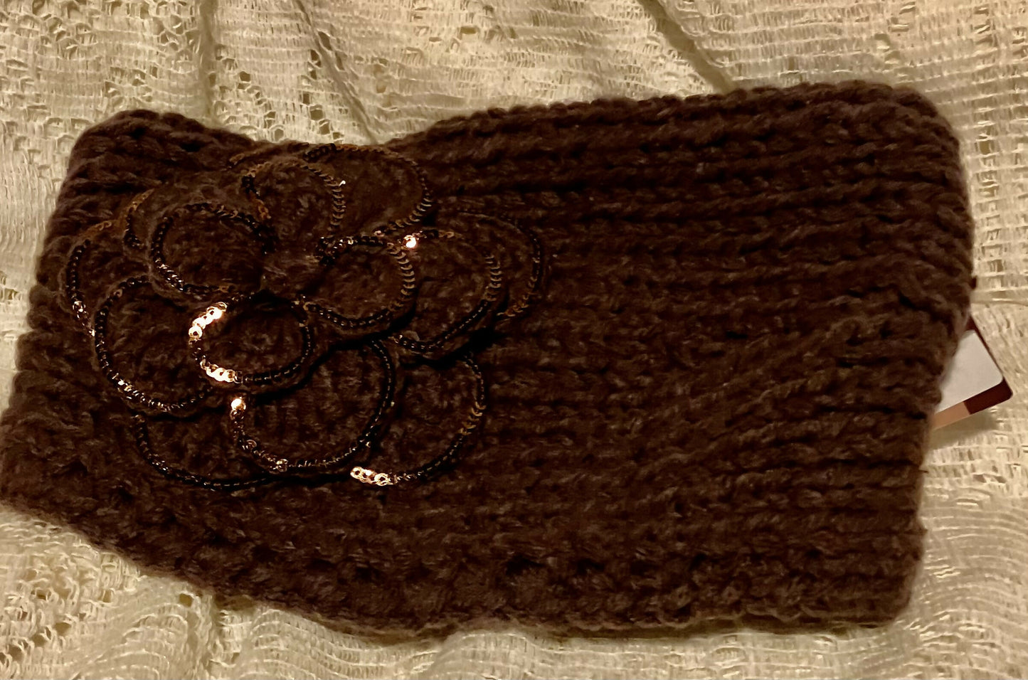 Brown knitted headband w/ flower #968