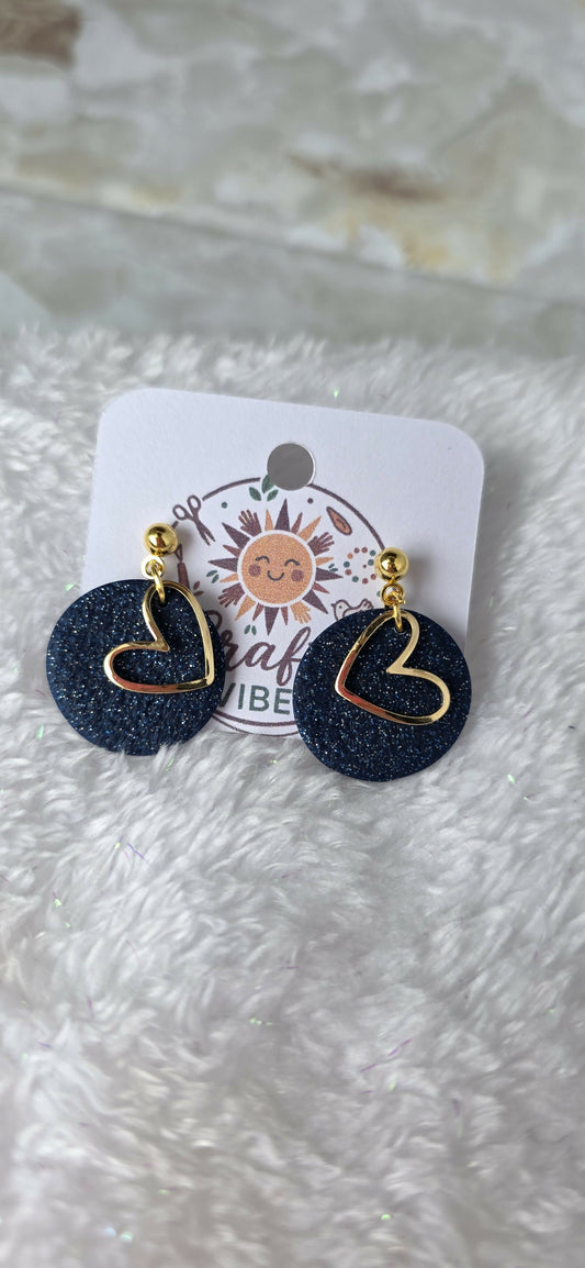 Navy Glitter Earrings with Gold Heart Charms