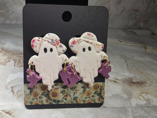 Fancy Hat Ghost with Bats Stud Earrings