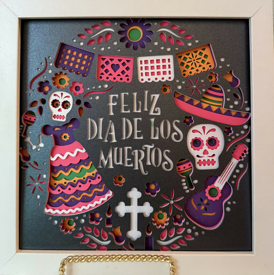 3D Feliz Dia de los Muertos Shadowbox pink/purple