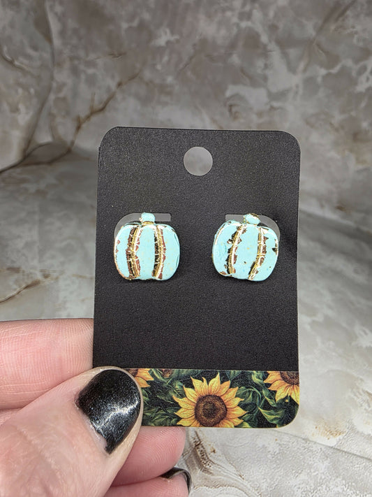 Teal and Gold Pumpkin Stud Earrings