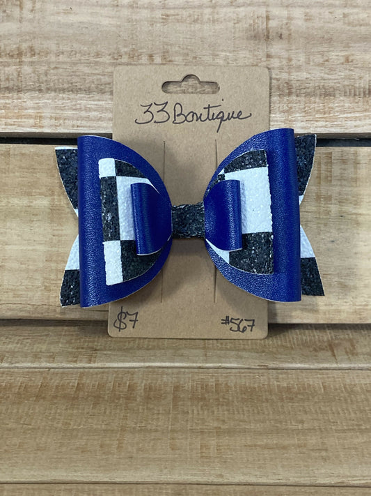 Blue and Checkered Flag Hair Bow Clip