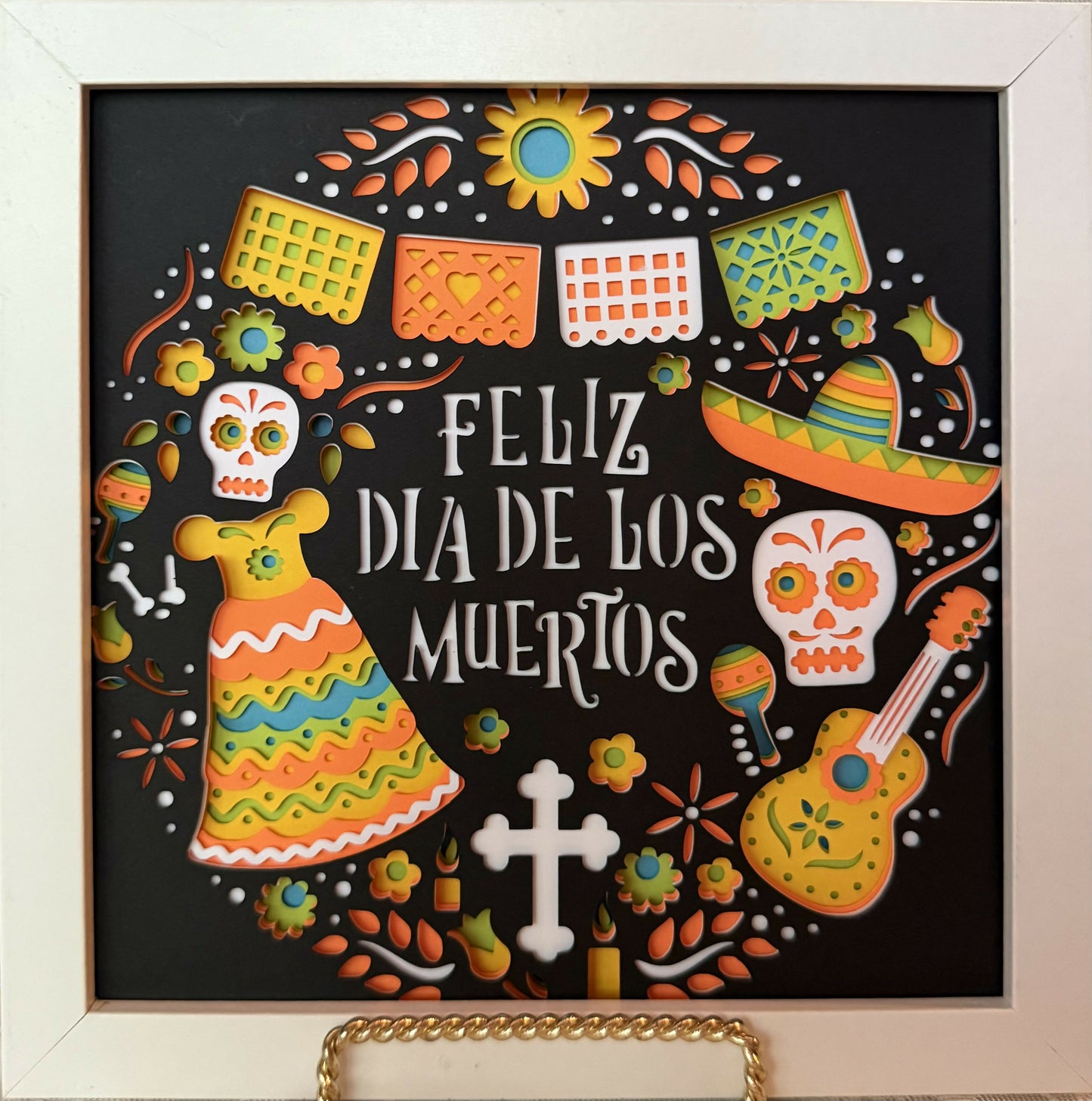 3D Feliz Dia de los Muertos Shadowbox orange/yellow