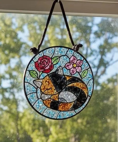 Cat Sleeping Crushed Glass Sun Catcher