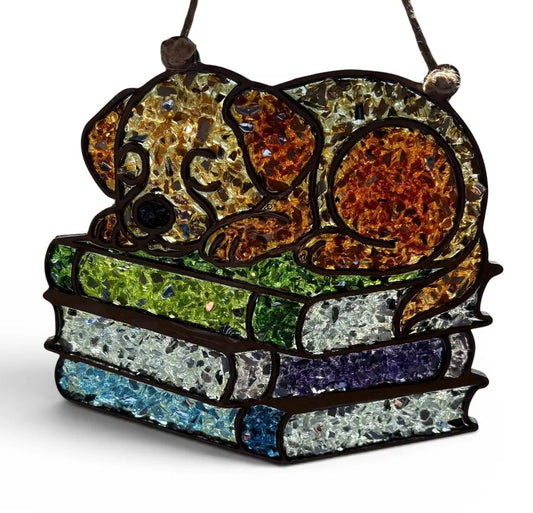 Dog on Books Sun Catcher