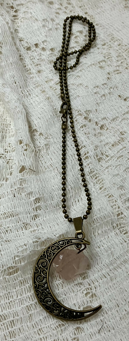 #3042 Crecent moon with rose quartz necklace