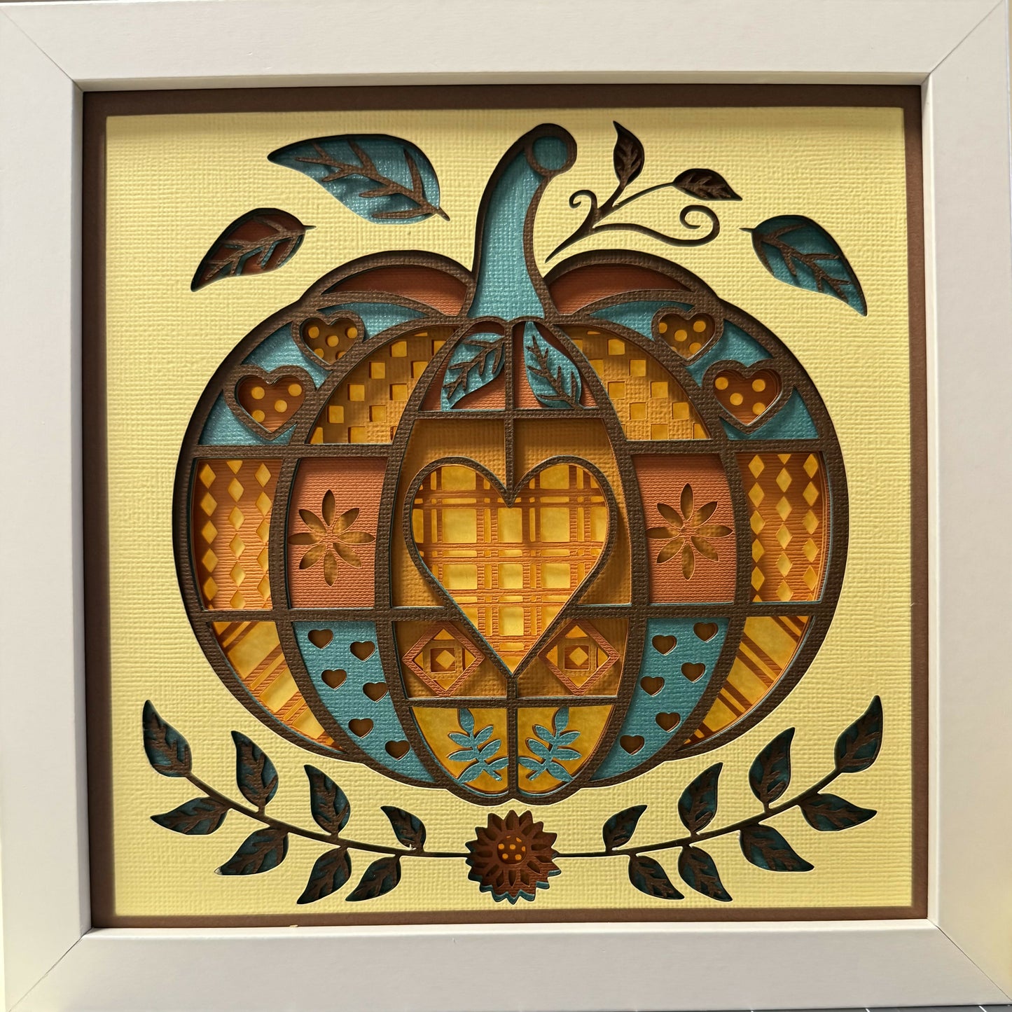 3D layered Patchwork Pumpkin Shadowbox yellow/teal