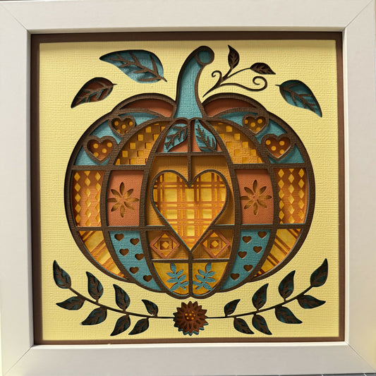 3D layered Patchwork Pumpkin Shadowbox yellow/teal