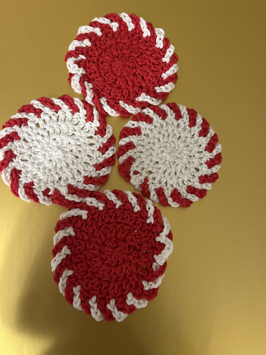 4 Crocheted Red/White Coasters