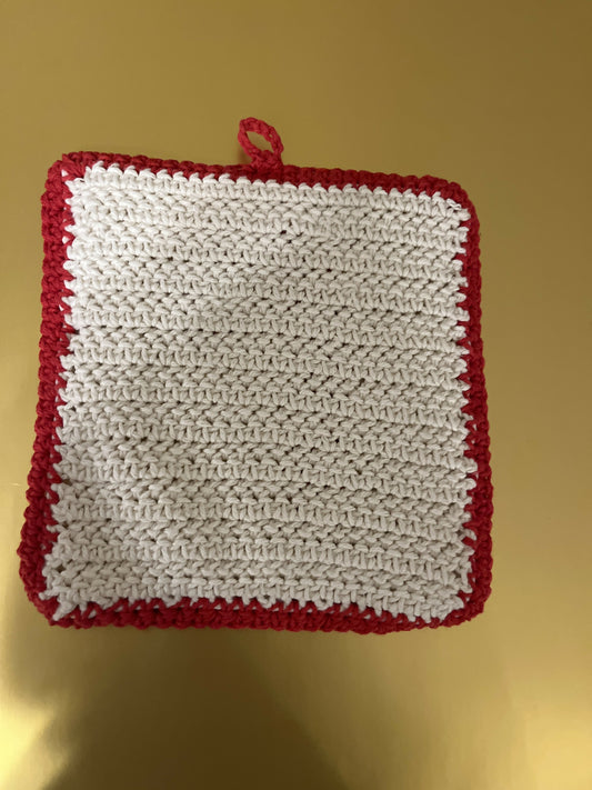 Crocheted Candy Cane Pot Holder Red Border