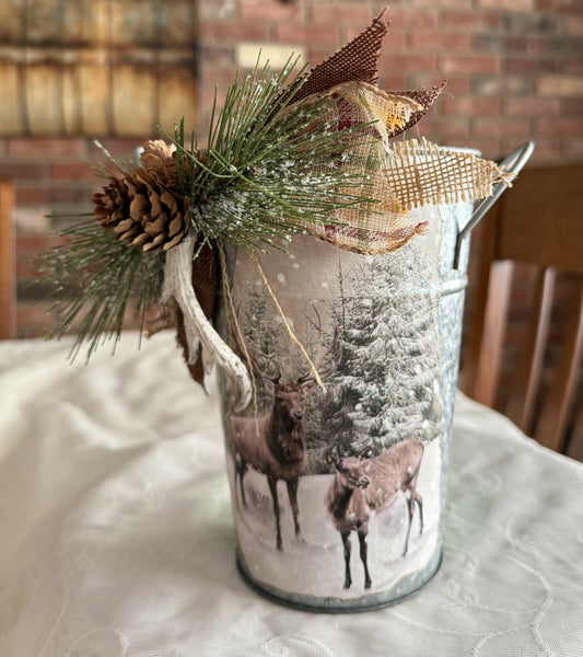 Deer Winter Scene /galvanized tin bucket