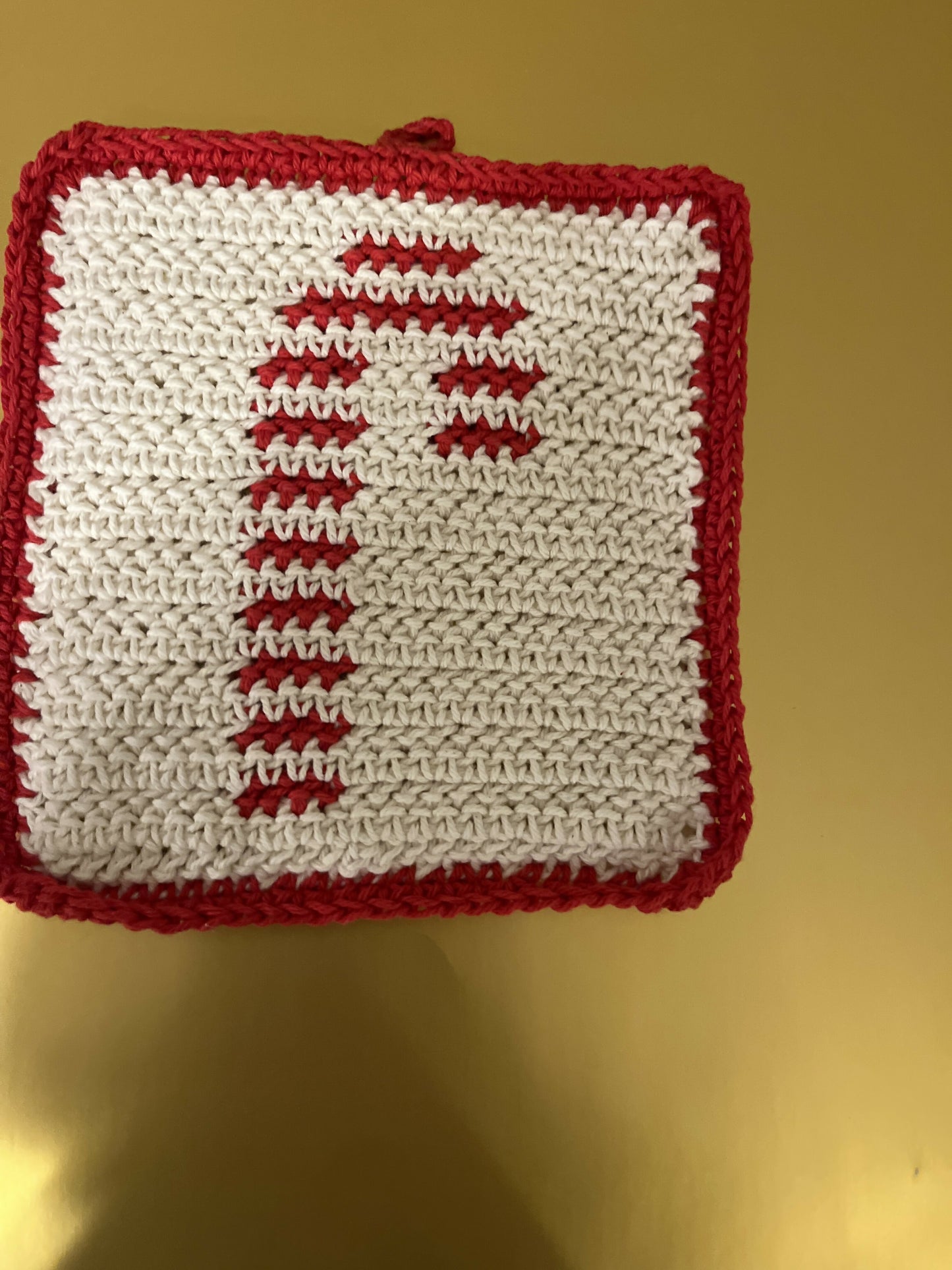 Crocheted Candy Cane Pot Holder Red Border