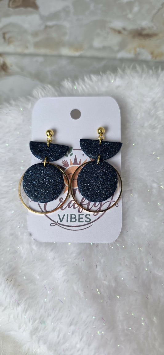 Navy Glitter Geometric Dangle Earrings with Gold Hoops