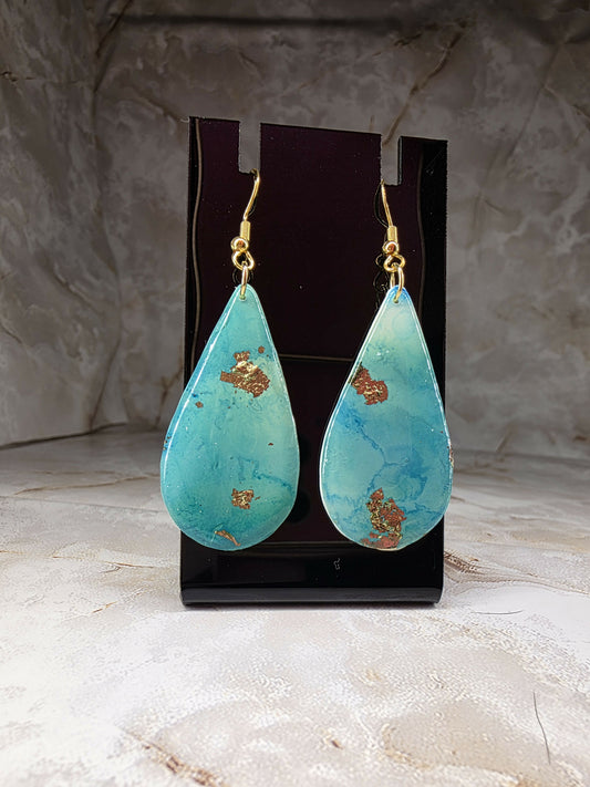 Gold and Ocean Teardrop Dangle Earrings