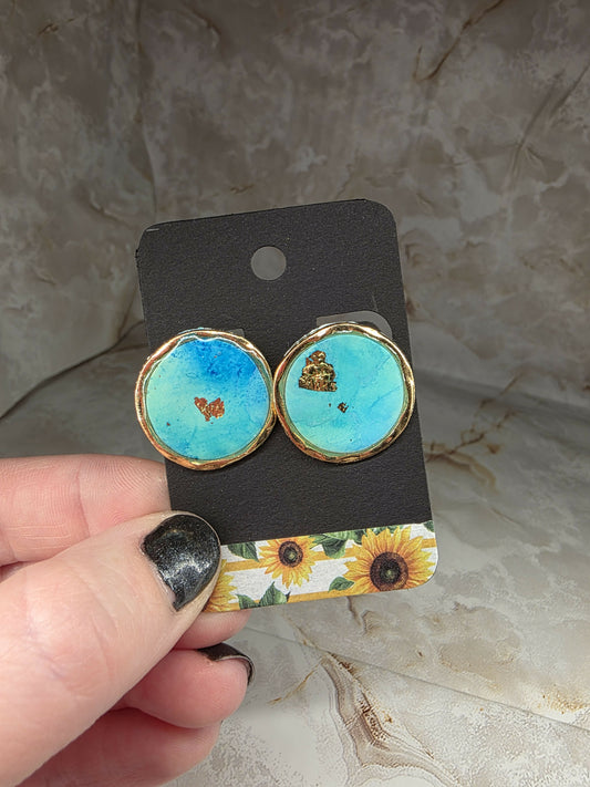 Ocean and Gold Circle Stud Earrings