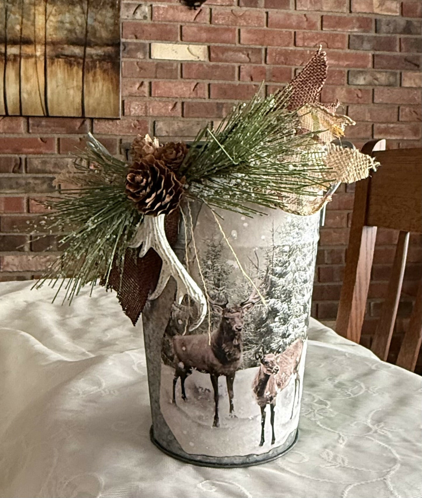 Deer Winter Scene /galvanized tin bucket