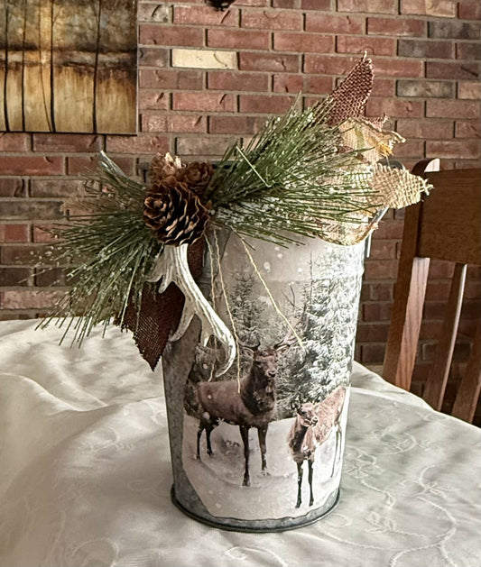 Deer Winter Scene /galvanized tin bucket